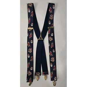 Vtg W GERMANY Mens Navy Blue Red‎ SANTA PRINT Elastic SUSPENDERS Gold Clips
